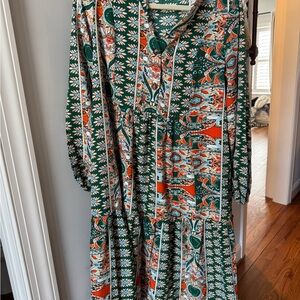 SHEIN Green and Orange Boho Paisley Floral Midi Dress